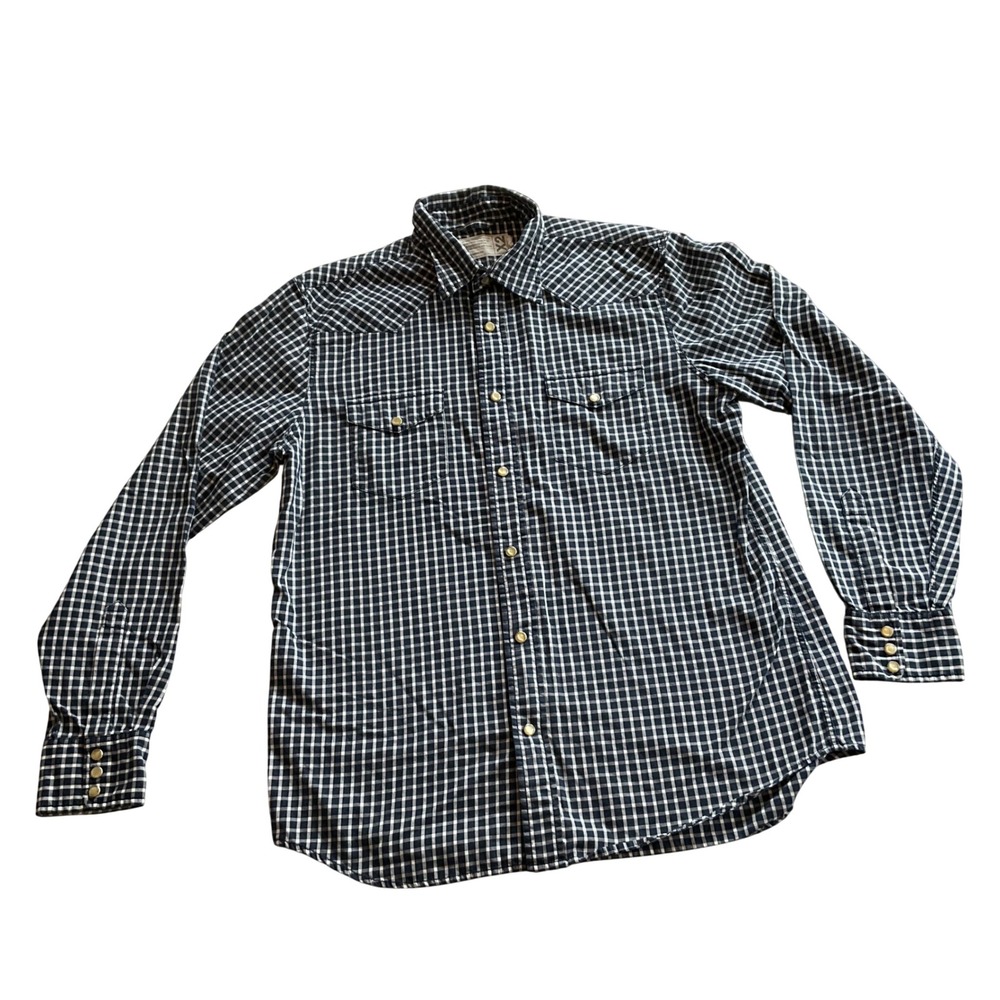 X2 Western Pearl Snap Shirt Mens Large Navy Blue Gingham Plaid Modern Fit Cotton